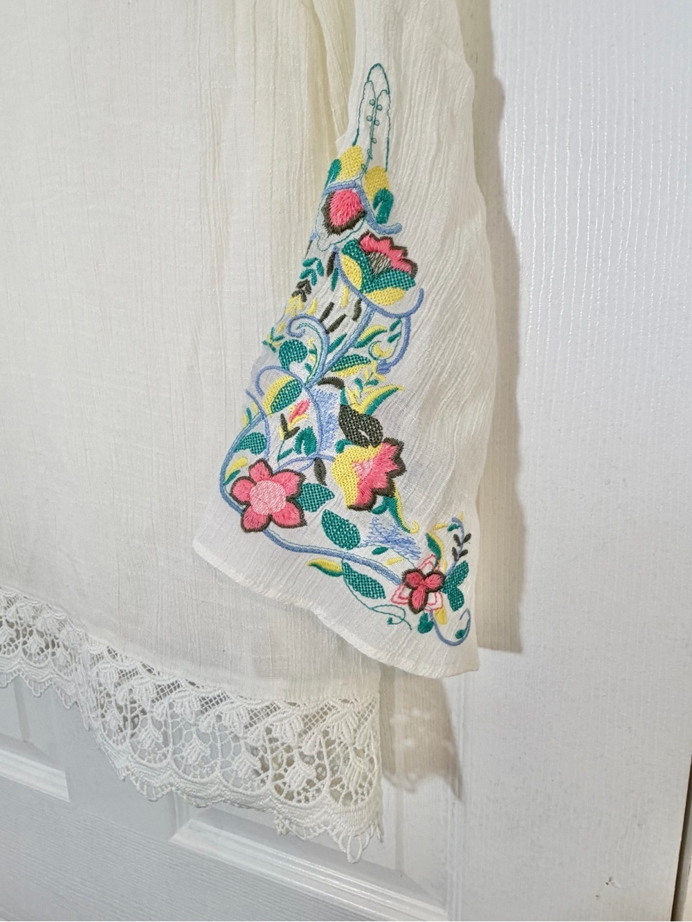Y2K Boho Embroidered White Peasant Top Lace Trim Indie Sleaze Size L Cottagecore - Picture 5 of 8